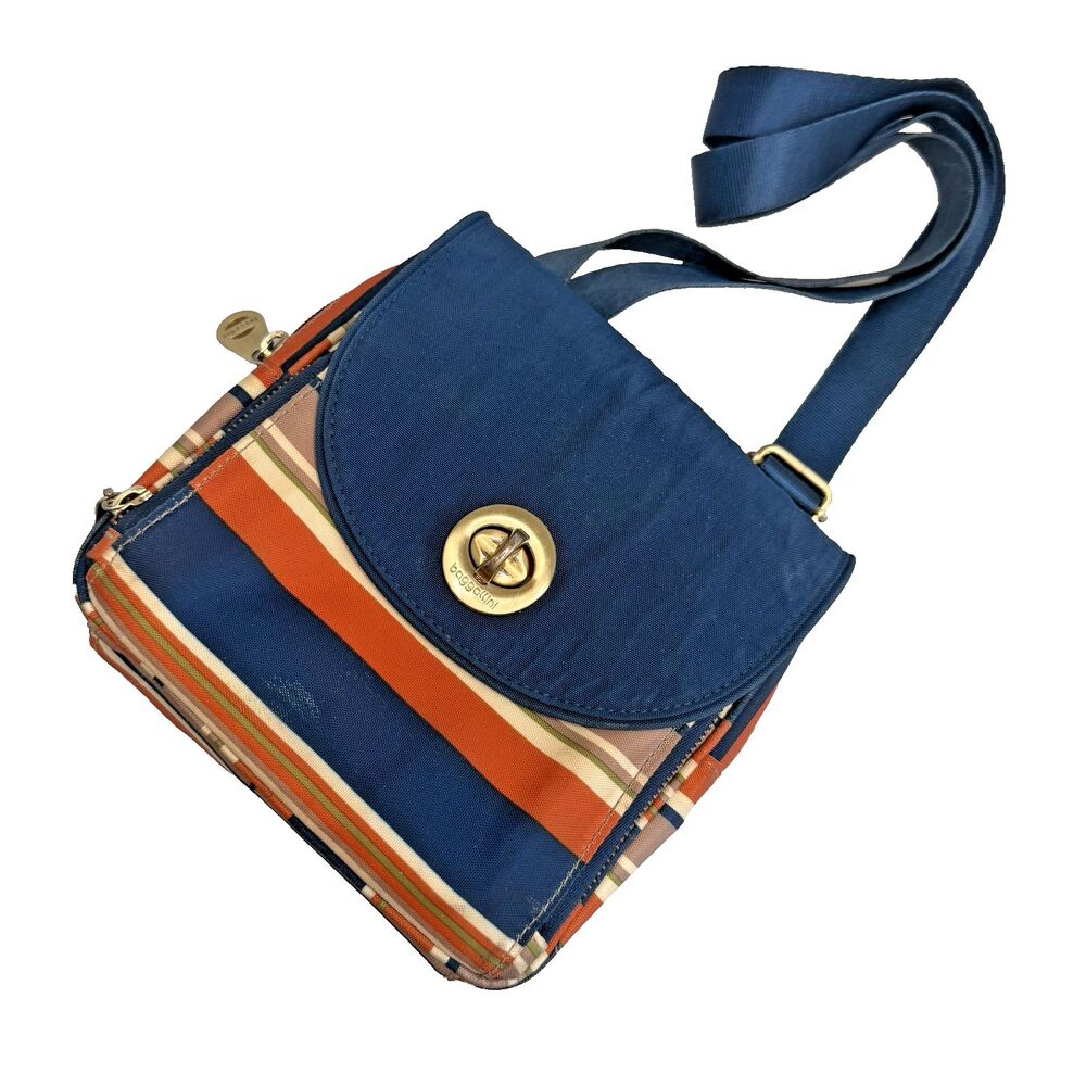 Baggallini Blue Orange Green Striped Crossbody Shoulder Bag Card Organizer EUC